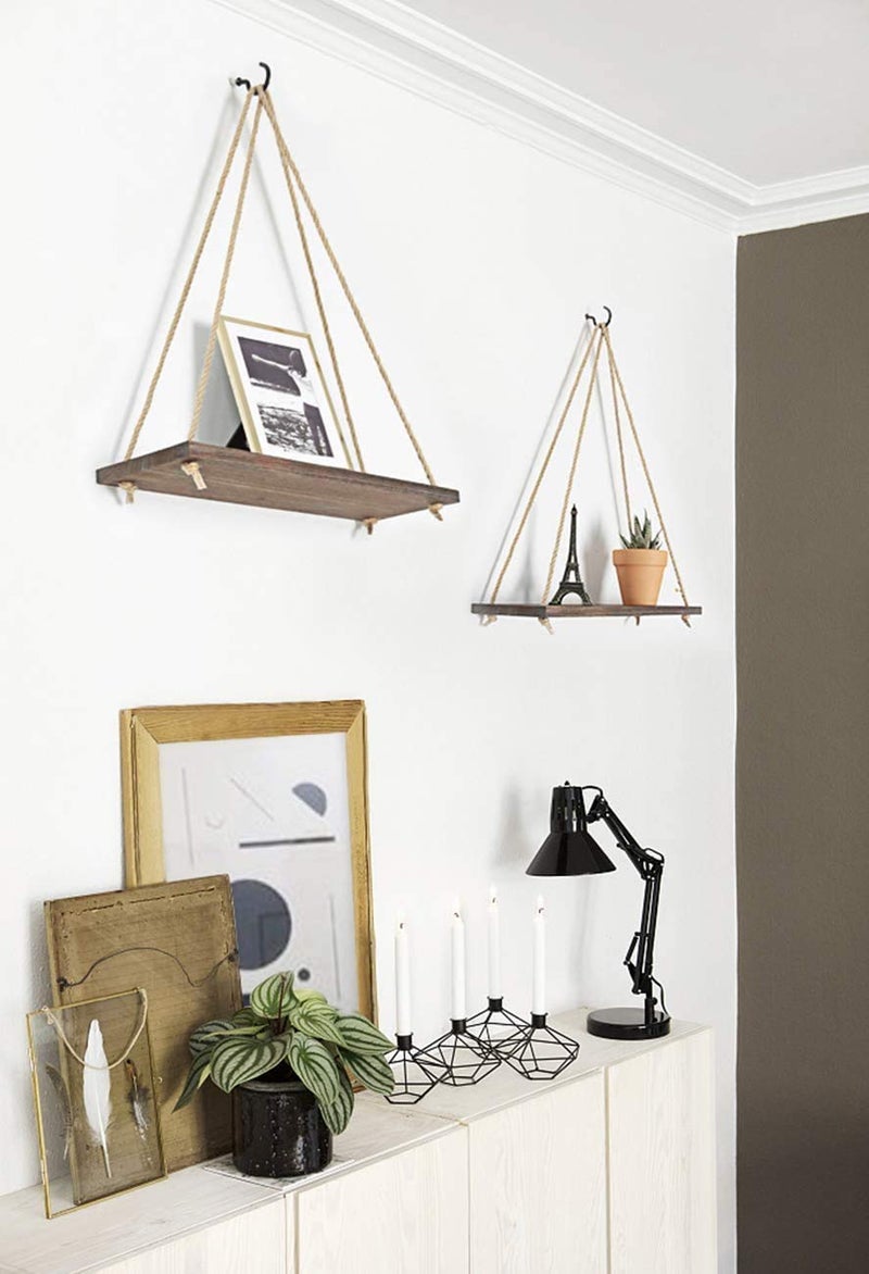 Mkono Wood Hanging Shelves for Wall Boho Decor Swing Rope Rustic Floating Shelf, Set of 3 Wall Display Shelving Home Organizer Rack for Living Room Bedroom Bathroom Kitchen,Brown - Image 2